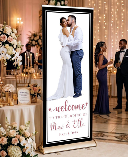 Custom Photo Retractable Banner with Stand, Luxury Wedding Welcome Sign, Seating Chart, Elegant Party Backdrop Print (33x80)