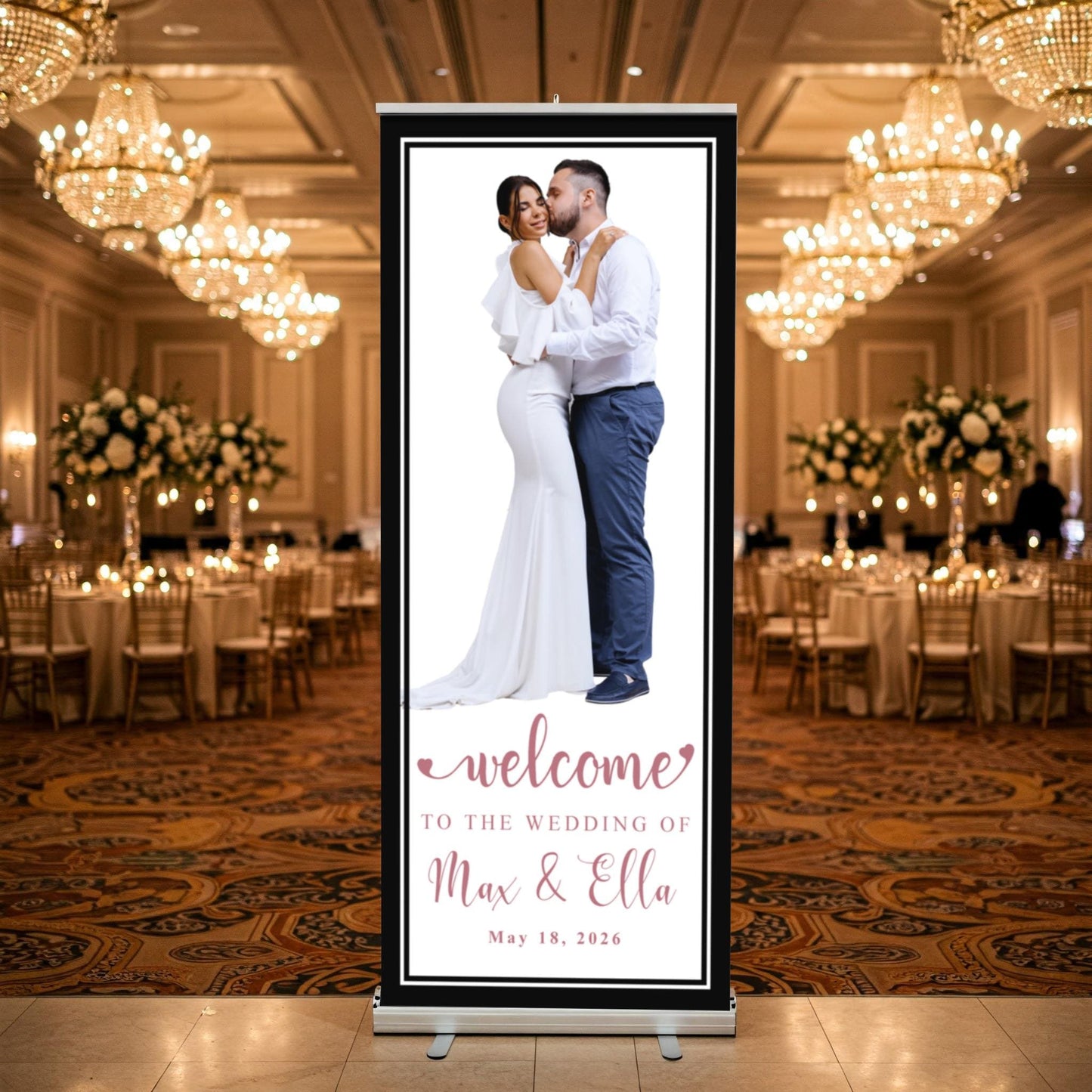 Custom Photo Retractable Banner with Stand, Luxury Wedding Welcome Sign, Seating Chart, Elegant Party Backdrop Print (33x80)