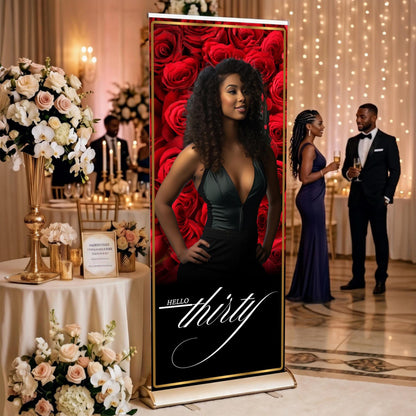 Luxury Birthday Retractable Banner, Custom Photo, Welcome Sign with Stand, Milestone Birthday Banner Print, Elegant Party Backdrop, 33"x80"