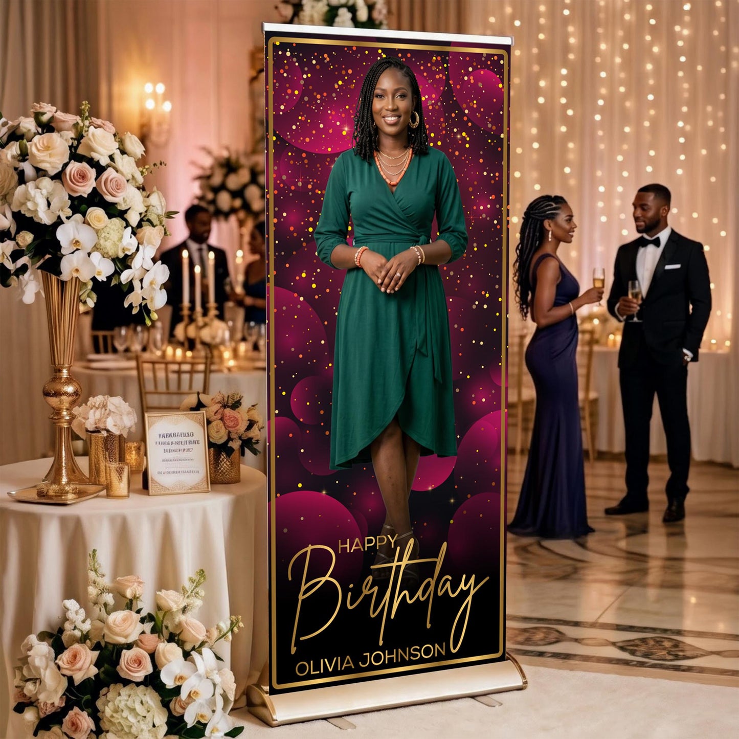 Luxury Birthday Retractable Banner, Custom Photo, Welcome Sign with Stand, Milestone Birthday Banner Print, Elegant Party Backdrop, 33"x80"