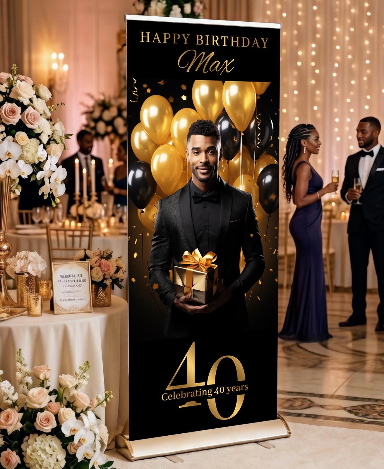 Luxury Birthday Retractable Banner, Custom Photo, Welcome Sign with Stand, Milestone Birthday Banner Print, Elegant Party Backdrop, 33"x80"