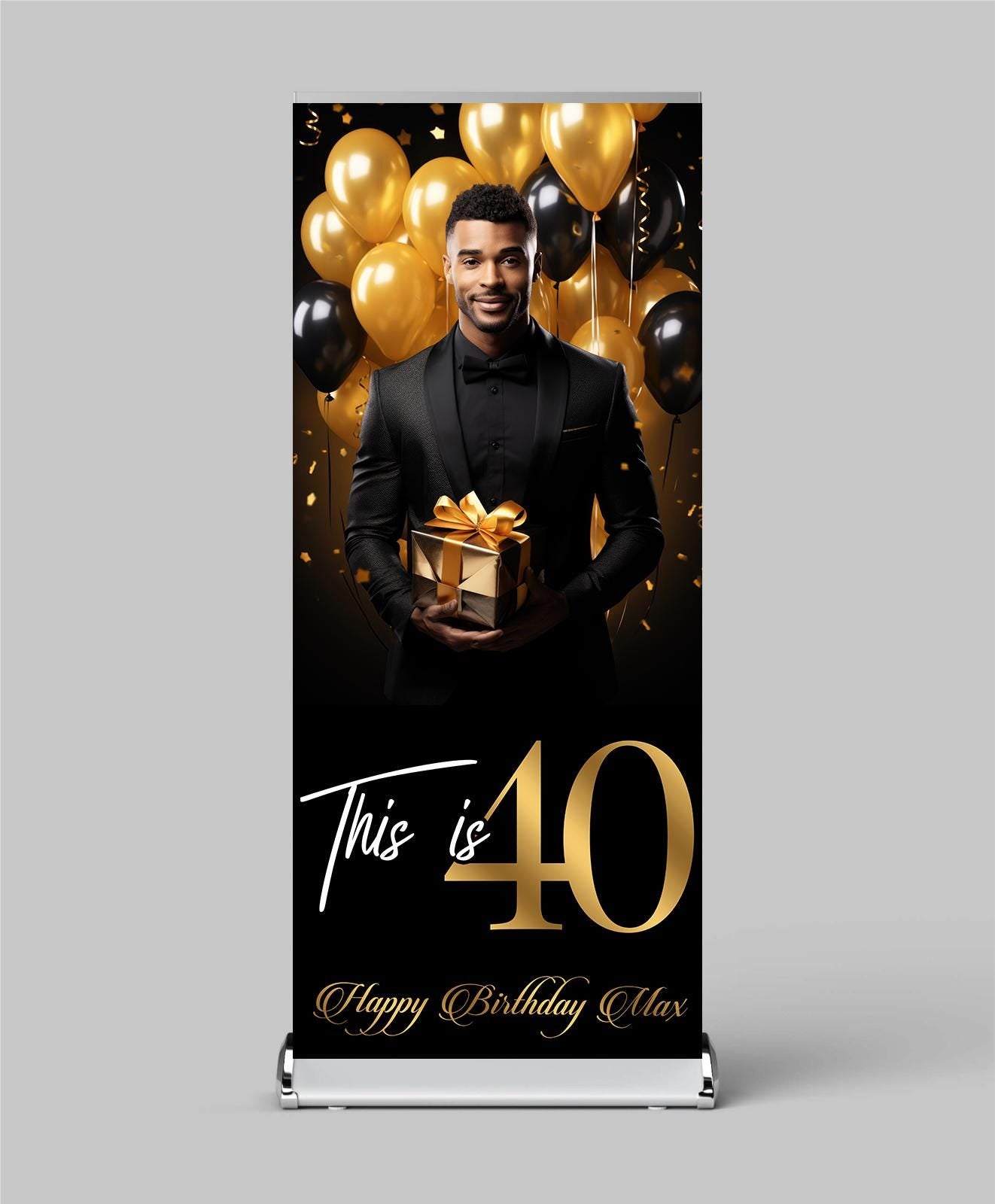 Luxury Birthday Retractable Banner, Custom Photo, Welcome Sign with Stand, Milestone Birthday Banner Print, Elegant Party Backdrop, 33"x80"