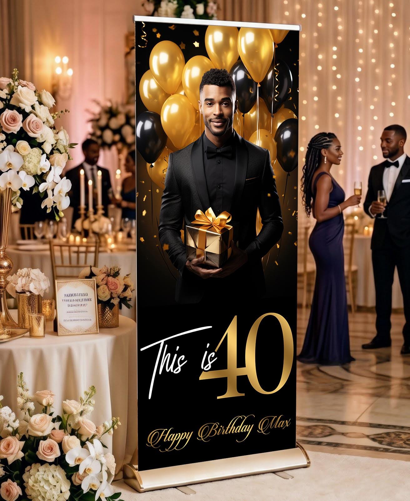 Luxury Birthday Retractable Banner, Custom Photo, Welcome Sign with Stand, Milestone Birthday Banner Print, Elegant Party Backdrop, 33"x80"