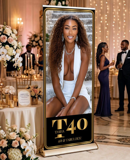 Luxury Birthday Retractable Banner, Custom Photo, Welcome Sign with Stand, Milestone Birthday Banner Print, Elegant Party Backdrop, 33"x80"
