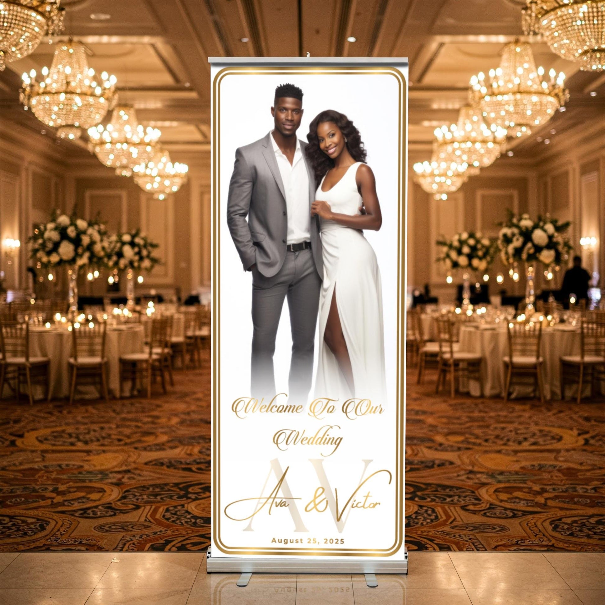 Custom Photo Retractable Banner, Luxury Wedding Welcome Sign, Elegant Party Backdrop Print (33x80)