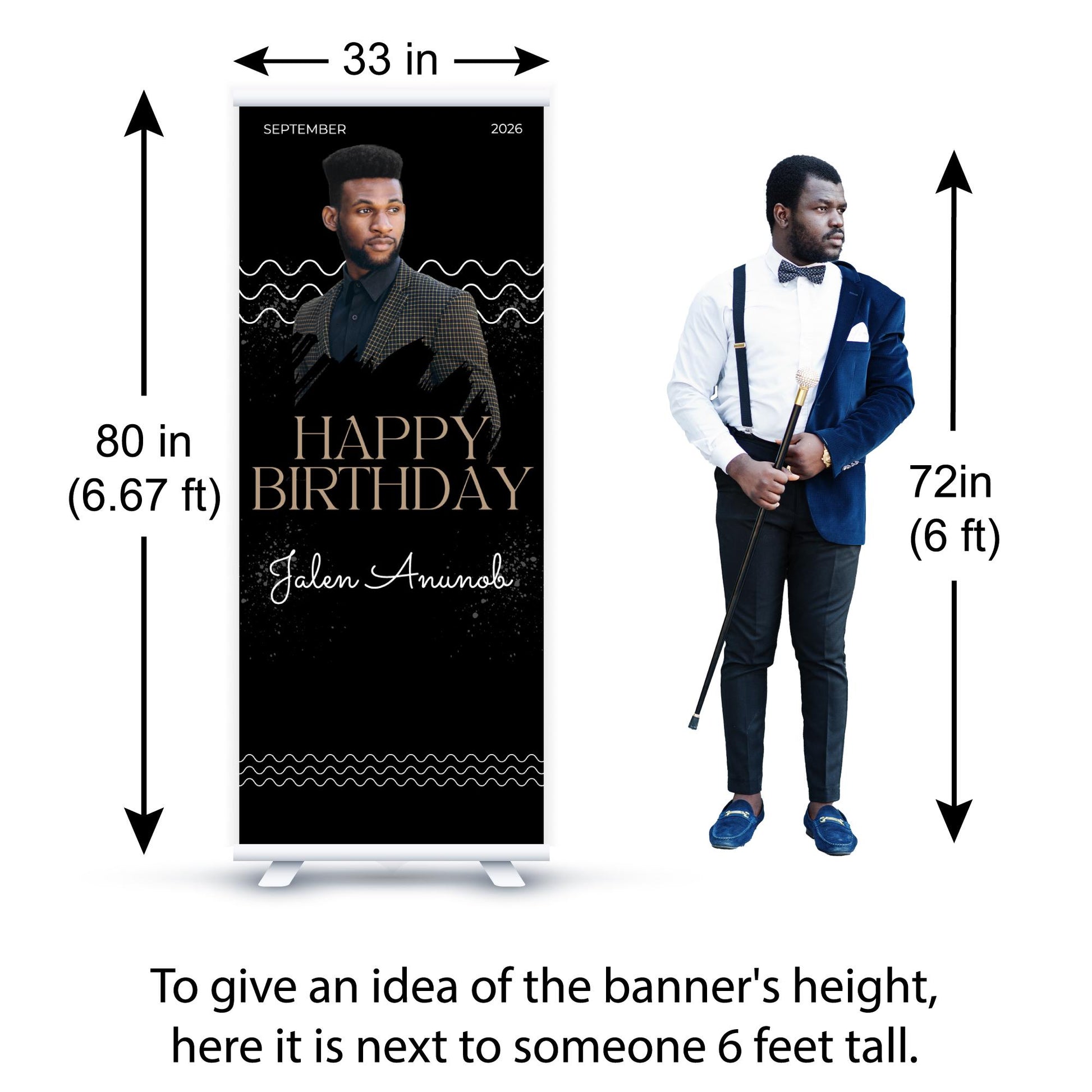 Luxury Birthday Retractable Banner, Custom Photo, Welcome Sign with Stand, Milestone Birthday Banner Print, Elegant Party Backdrop, 33"x80"