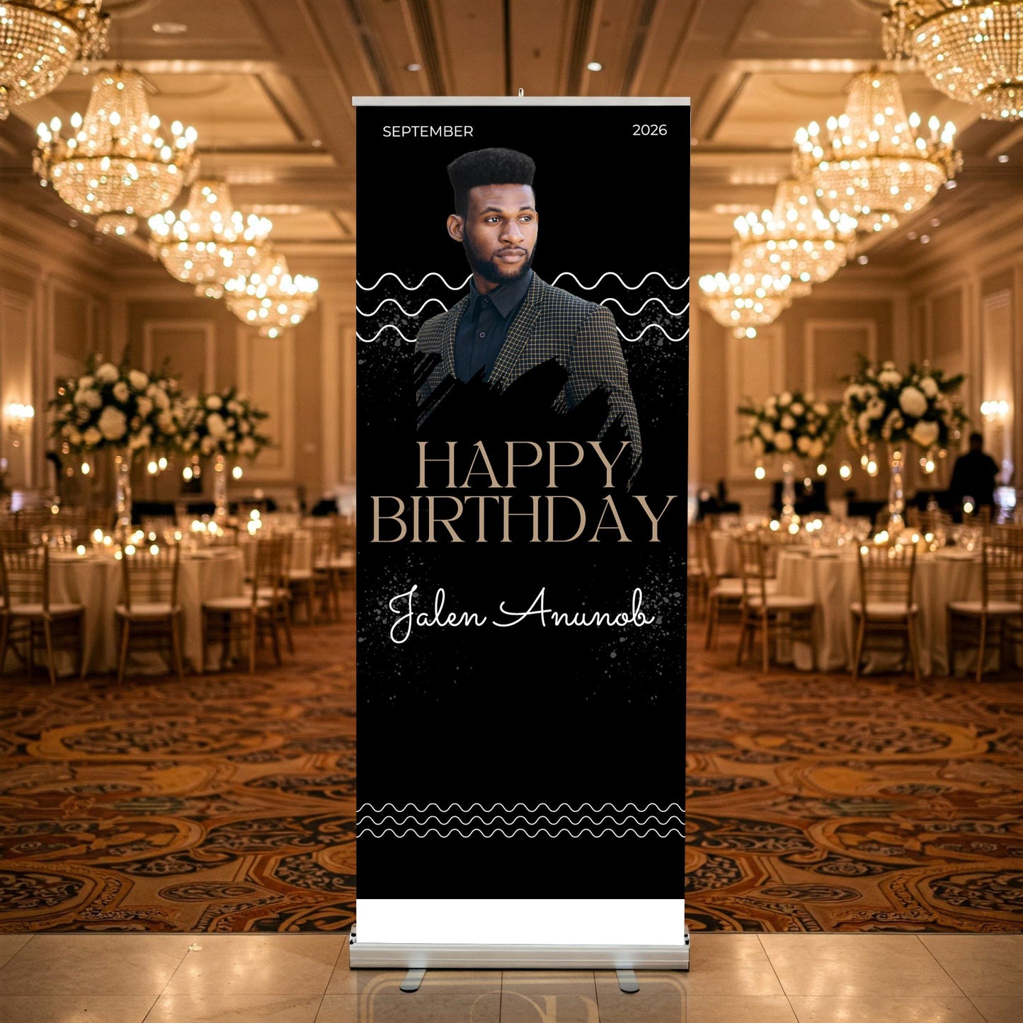 Luxury Birthday Retractable Banner, Custom Photo, Welcome Sign with Stand, Milestone Birthday Banner Print, Elegant Party Backdrop, 33"x80"