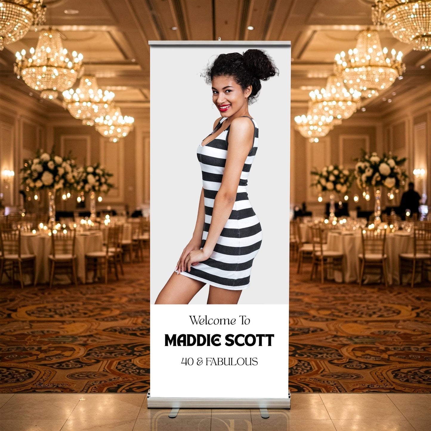Luxury Birthday Retractable Banner, Custom Photo, Welcome Sign with Stand, Milestone Birthday Banner Print, Elegant Party Backdrop, 33"x80"