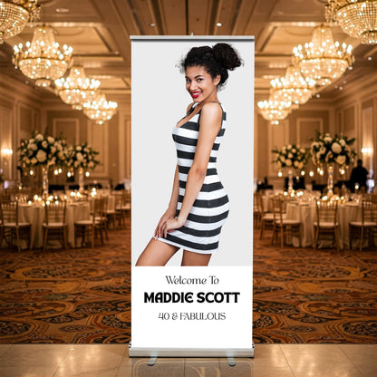 Luxury Birthday Retractable Banner, Custom Photo, Welcome Sign with Stand, Milestone Birthday Banner Print, Elegant Party Backdrop, 33"x80"
