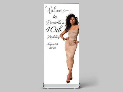 Custom Birthday Retractable Banner, Elegant Photo Welcome Sign, Party Backdrop (33"x80")