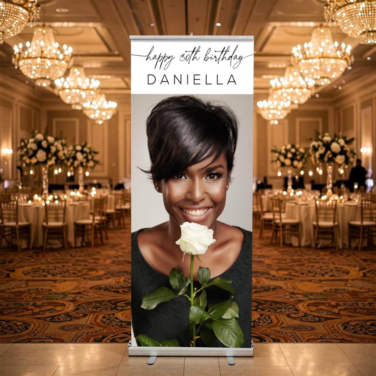 Custom Birthday Retractable Banner, Elegant Photo Welcome Sign, Party Backdrop (33"x80")