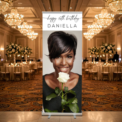 Custom Birthday Retractable Banner, Elegant Photo Welcome Sign, Party Backdrop (33"x80")