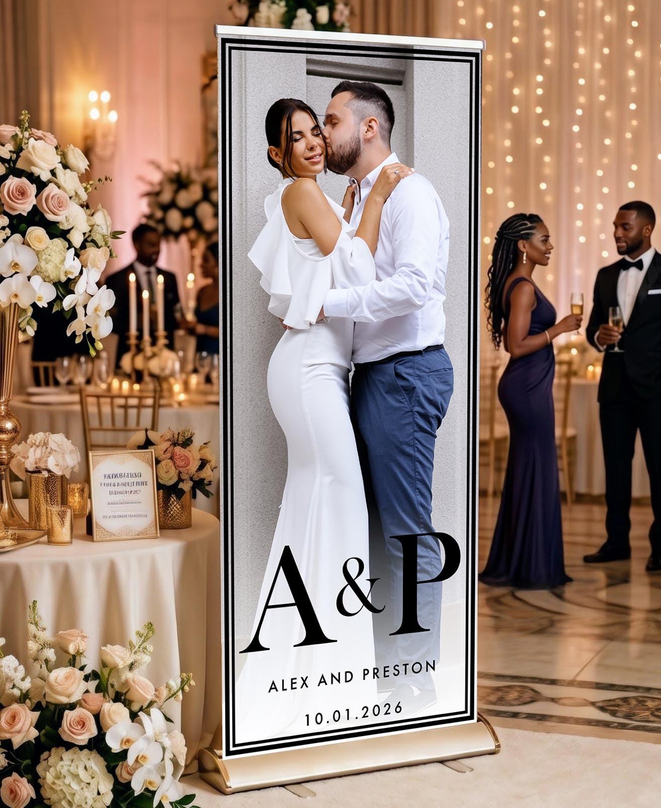 Custom Photo Retractable Banner, Luxury Wedding Welcome Sign, Elegant Party Backdrop Print (33x80)