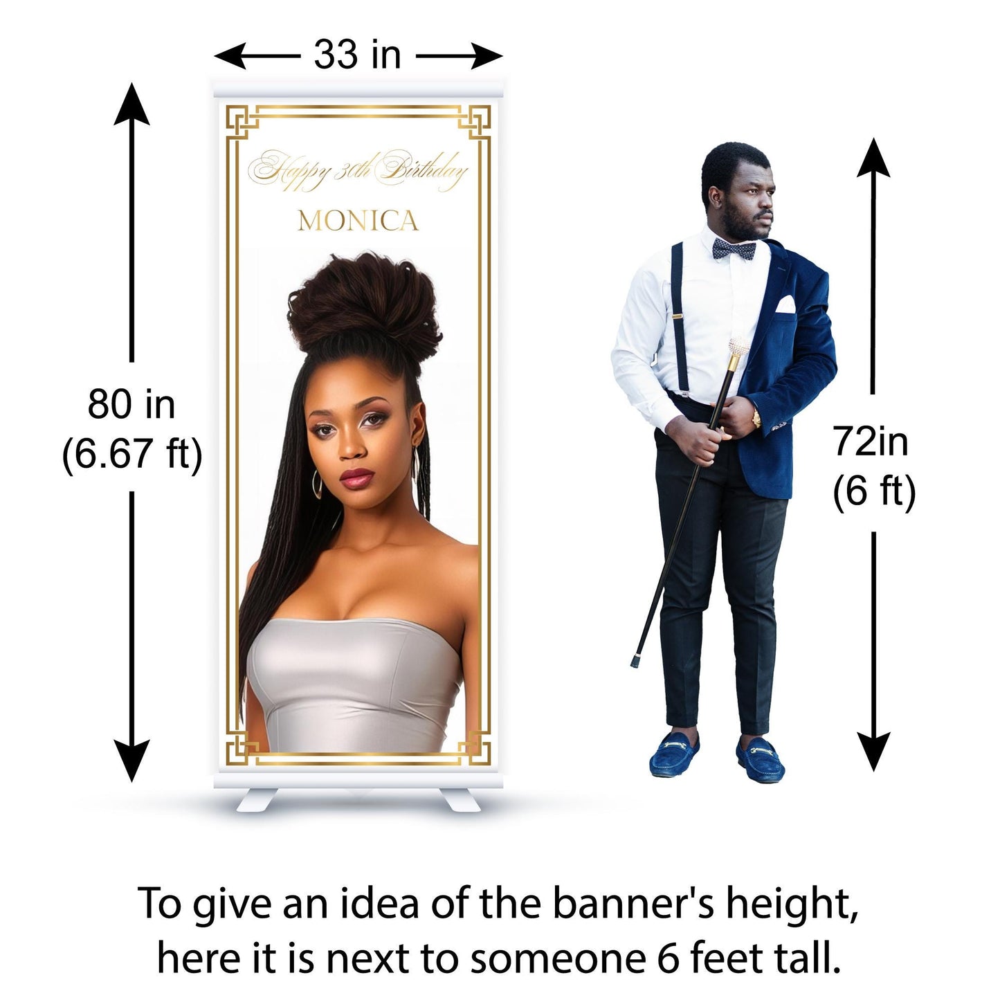 Custom Birthday Retractable Banner, Photo Welcome Sign, Elegant Party Backdrop (33"x80")