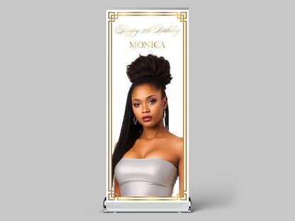 Custom Birthday Retractable Banner, Photo Welcome Sign, Elegant Party Backdrop (33"x80")