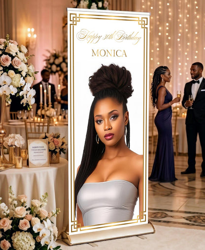 Custom Birthday Retractable Banner, Photo Welcome Sign, Elegant Party Backdrop (33"x80")