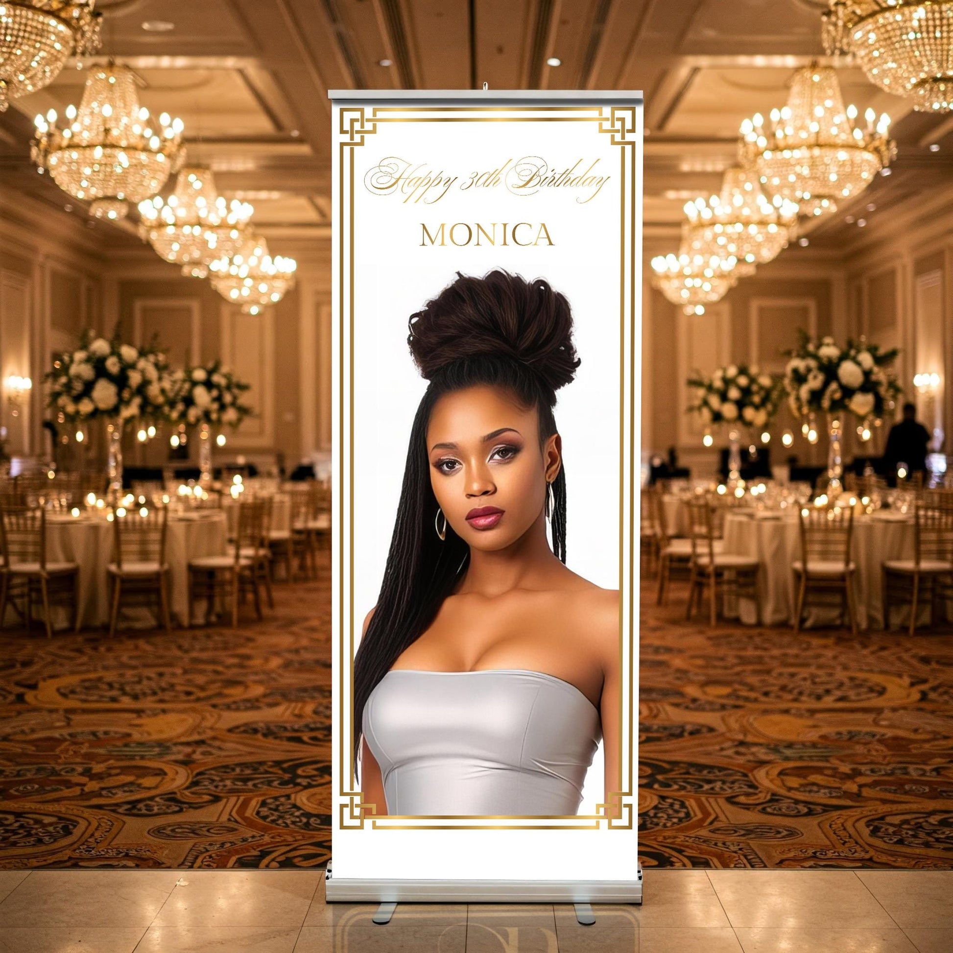 Custom Birthday Retractable Banner, Photo Welcome Sign, Elegant Party Backdrop (33"x80")