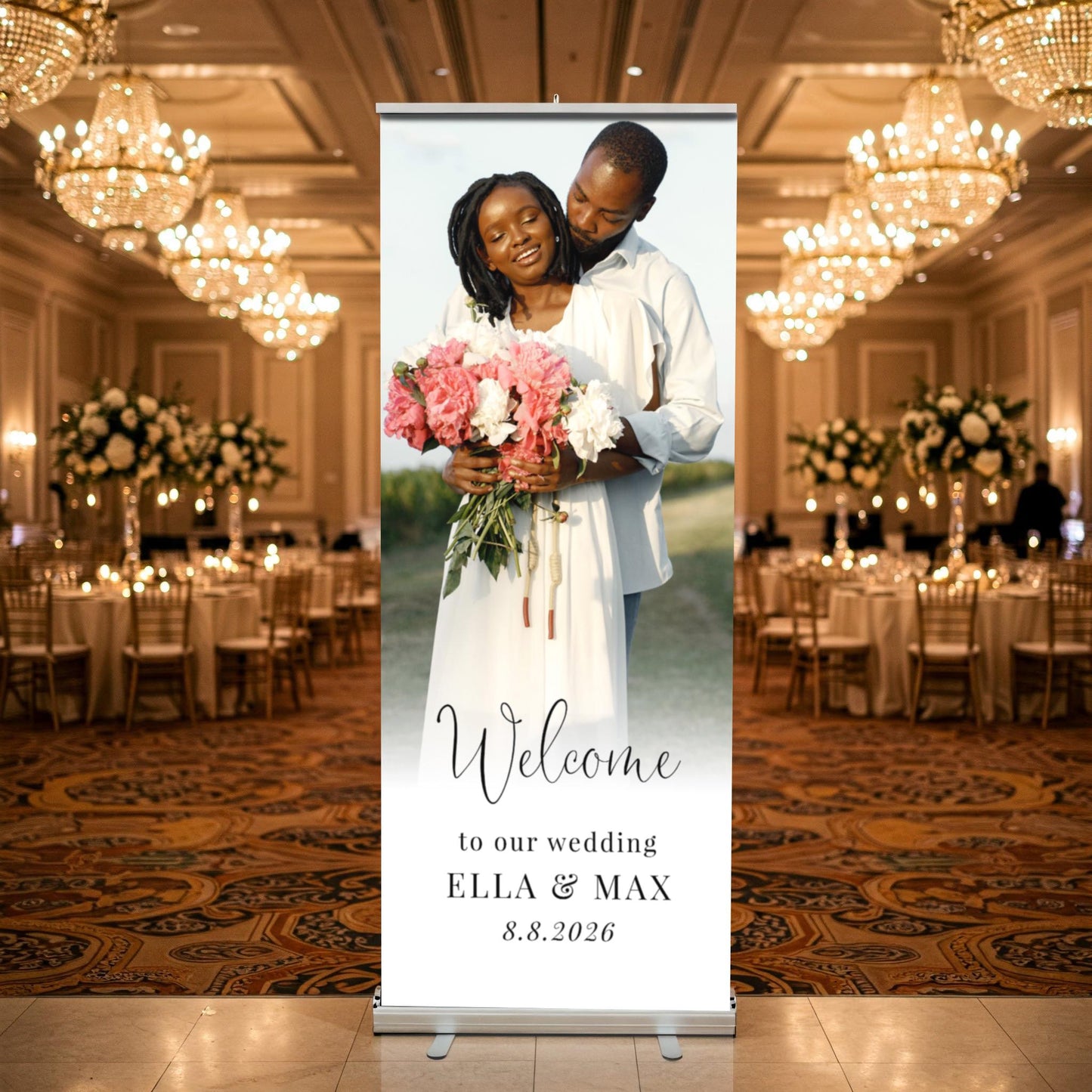 Custom Photo Retractable Banner, Luxury Wedding Welcome Sign, Elegant Party Backdrop Print (33x80)