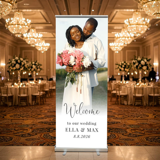 Custom Photo Retractable Banner, Luxury Wedding Welcome Sign, Elegant Party Backdrop Print (33x80)