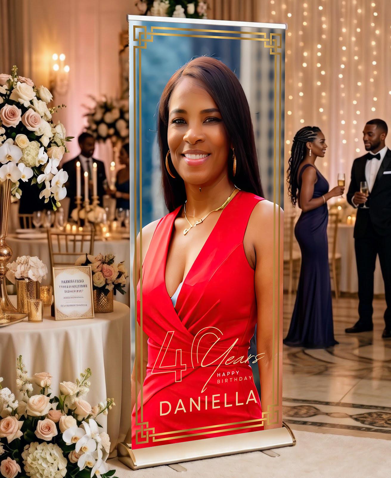 Custom Photo Birthday Retractable Banner, Elegant Party Welcome Sign (33"x80")
