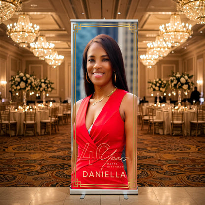 Custom Photo Birthday Retractable Banner, Elegant Party Welcome Sign (33"x80")