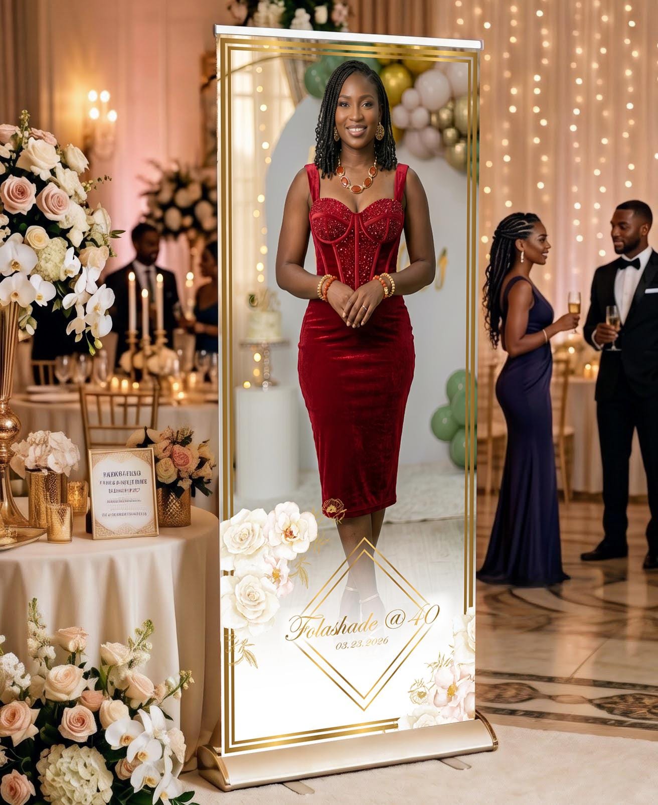 Custom Photo Birthday Retractable Banner, Elegant Party Welcome Sign (33"x80")