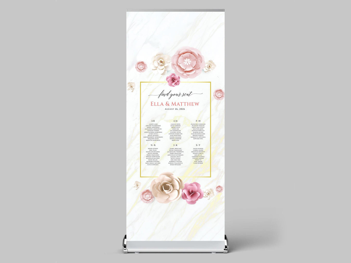 Custom Photo Retractable Banner with Stand, Luxury Wedding Welcome Sign, Seating Chart, Elegant Party Backdrop Print (33x80)