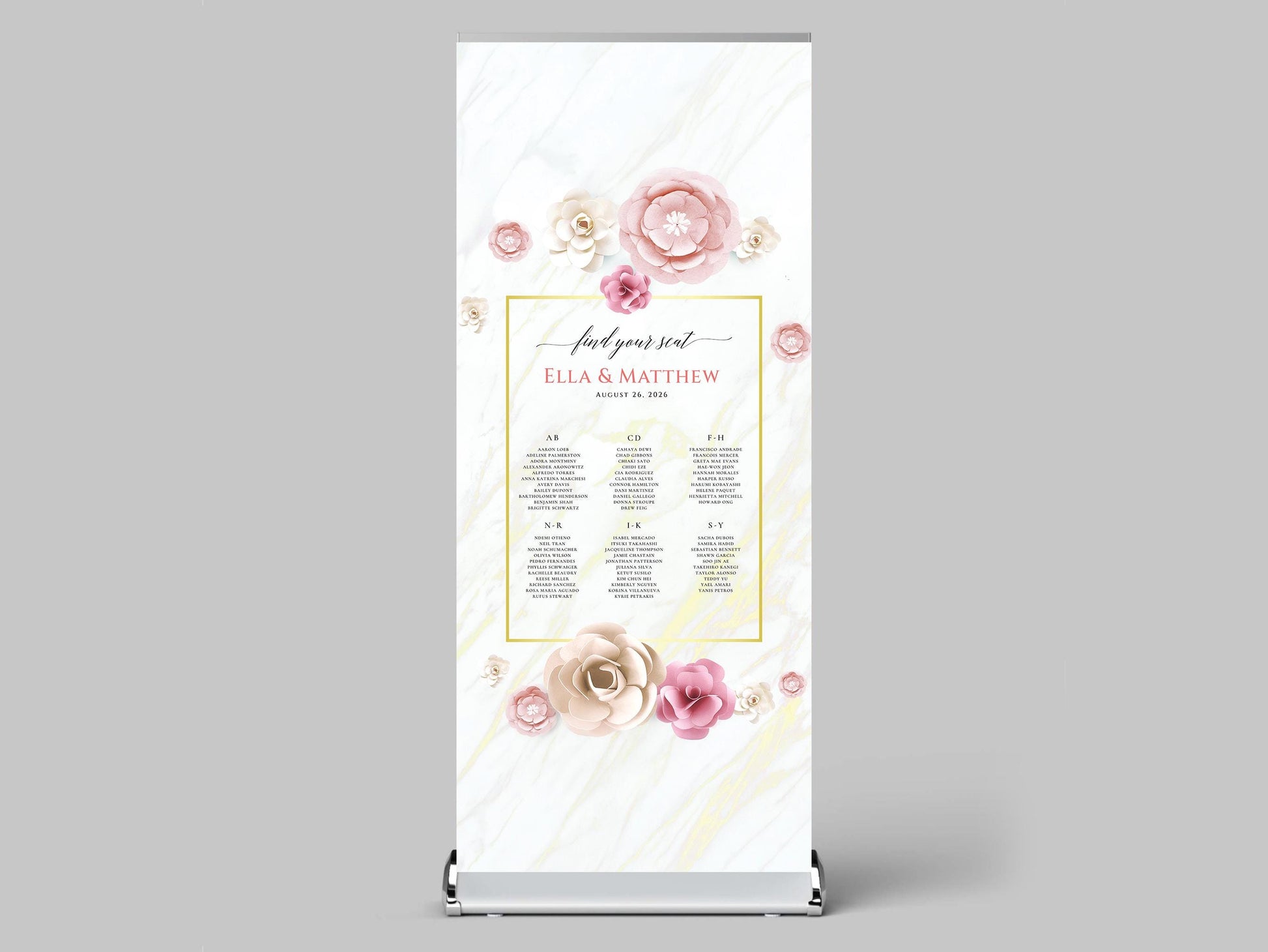 Custom Photo Retractable Banner with Stand, Luxury Wedding Welcome Sign, Seating Chart, Elegant Party Backdrop Print (33x80)