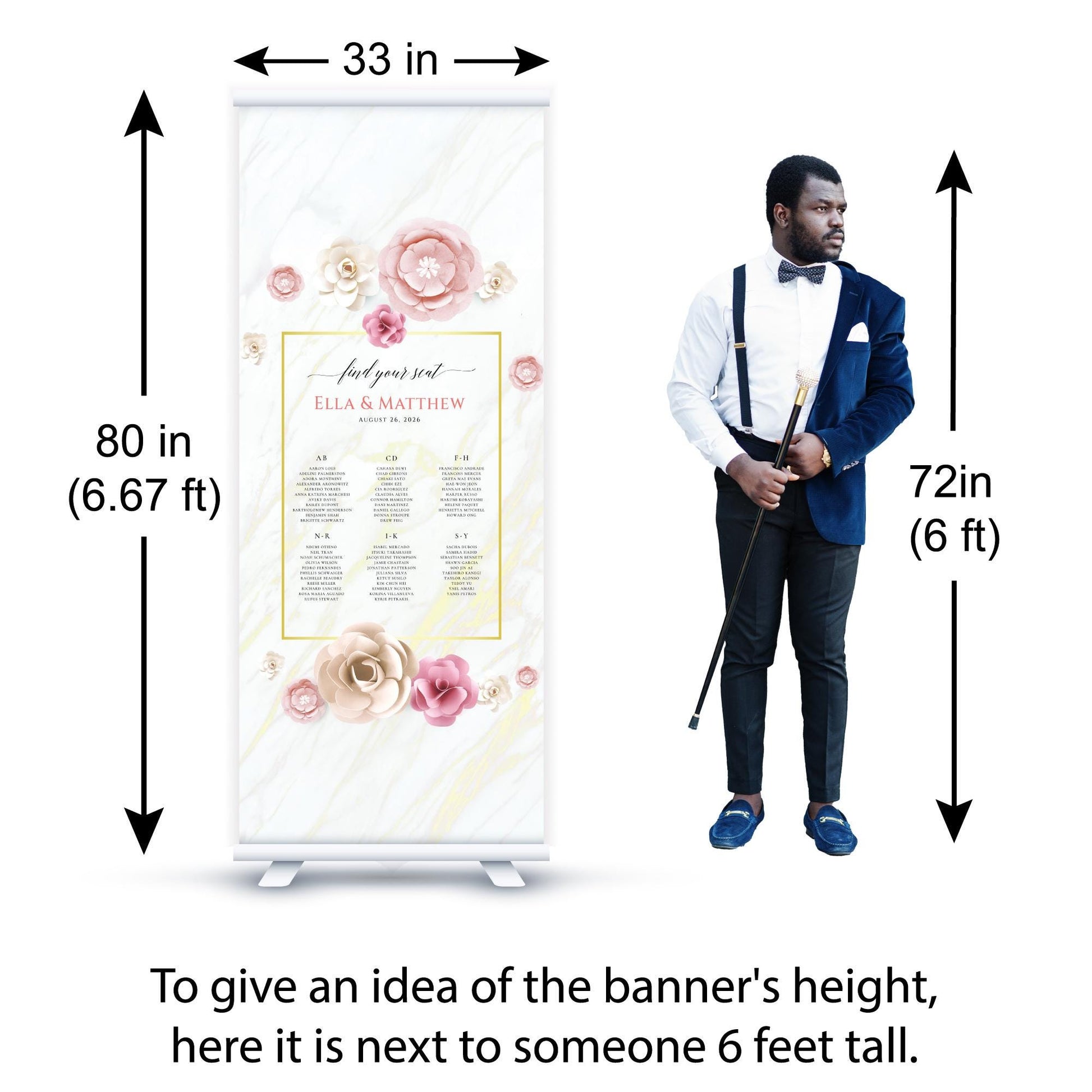 Custom Photo Retractable Banner with Stand, Luxury Wedding Welcome Sign, Seating Chart, Elegant Party Backdrop Print (33x80)