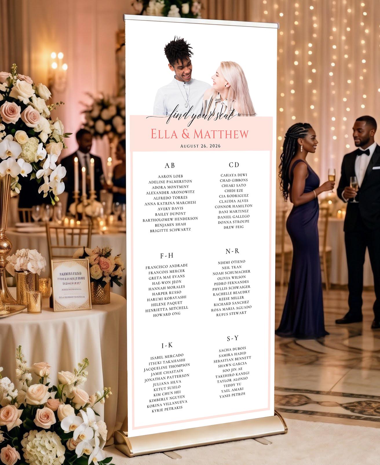 Custom Photo Retractable Banner with Stand, Luxury Wedding Welcome Sign, Seating Chart, Elegant Party Backdrop Print (33x80)