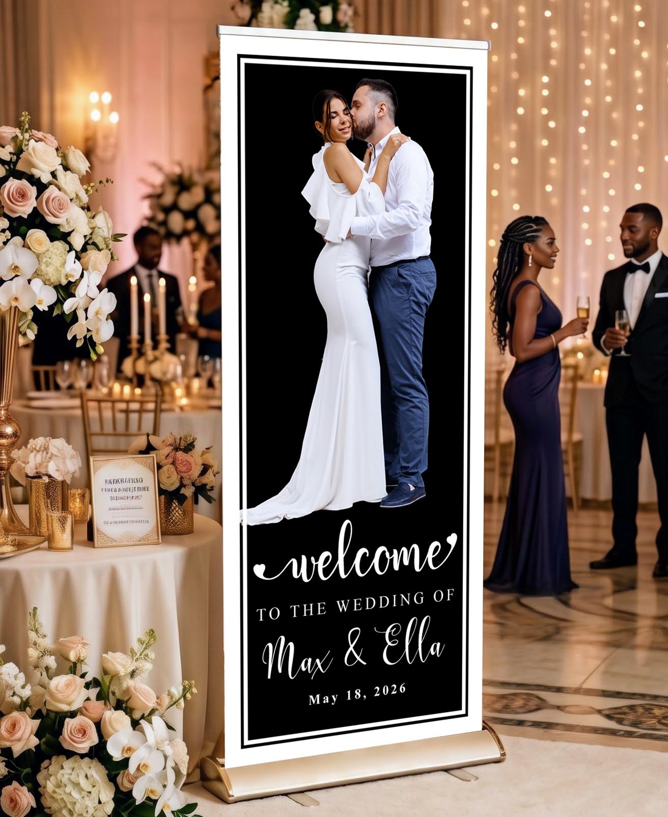 Custom Photo Retractable Banner with Stand, Luxury Wedding Welcome Sign, Seating Chart, Elegant Party Backdrop Print (33x80)