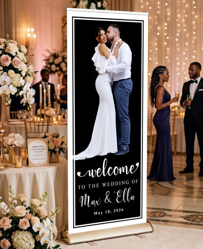 Custom Photo Retractable Banner with Stand, Luxury Wedding Welcome Sign, Seating Chart, Elegant Party Backdrop Print (33x80)