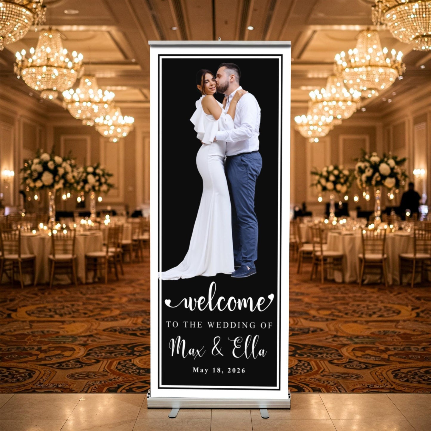 Custom Photo Retractable Banner with Stand, Luxury Wedding Welcome Sign, Seating Chart, Elegant Party Backdrop Print (33x80)