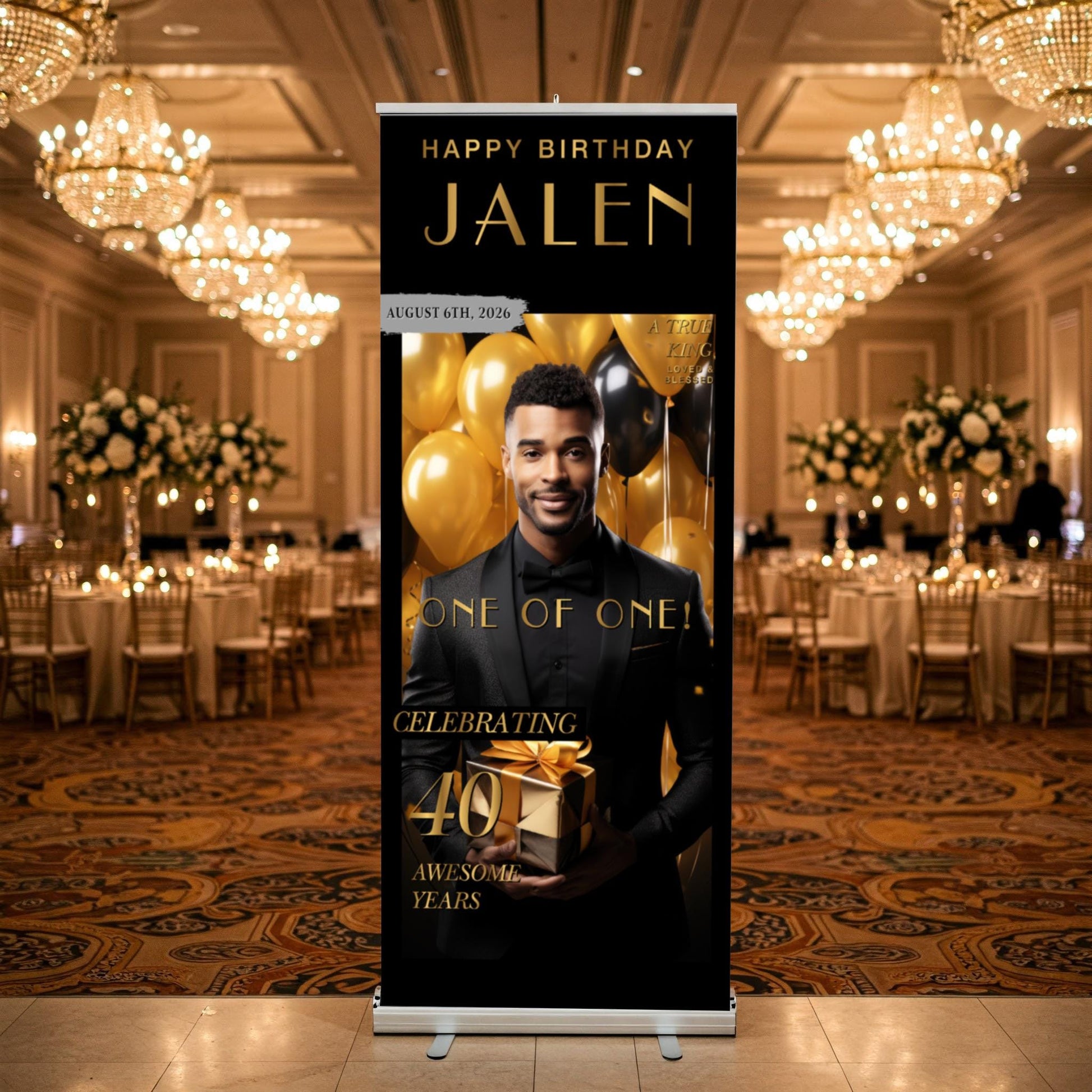 Custom Birthday Retractable Banner, Elegant Photo Welcome Sign, Party Backdrop (33"x80")