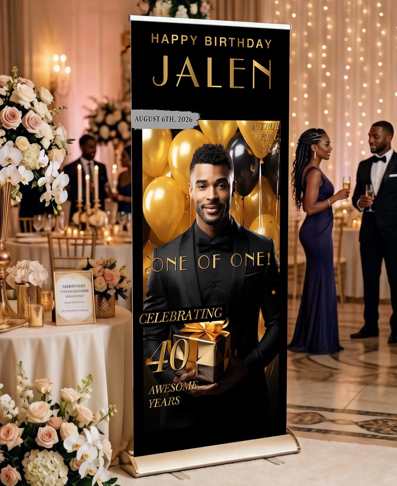 Custom Birthday Retractable Banner, Elegant Photo Welcome Sign, Party Backdrop (33"x80")