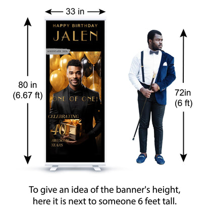 Custom Birthday Retractable Banner, Elegant Photo Welcome Sign, Party Backdrop (33"x80")