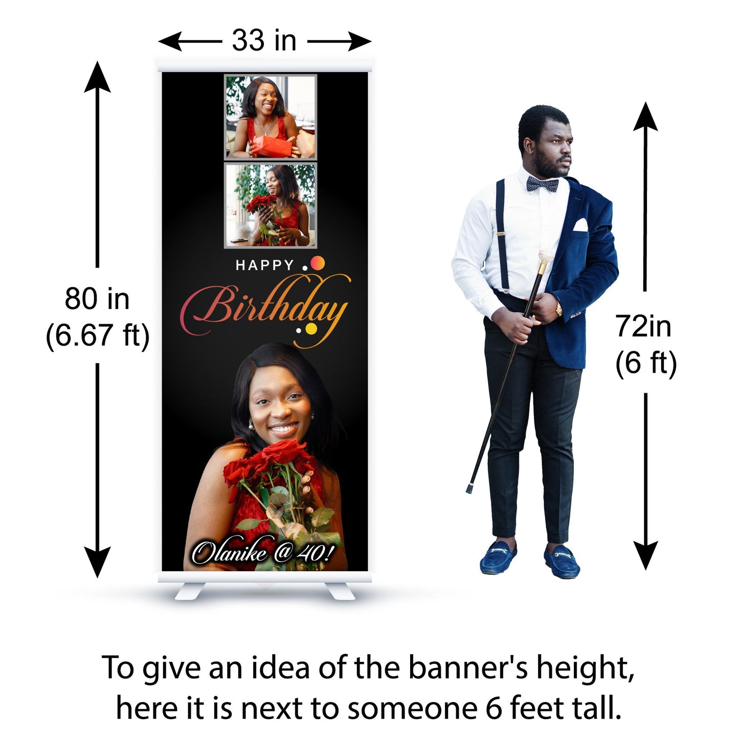 Custom Birthday Retractable Banner, Elegant Photo Welcome Sign, Party Backdrop (33"x80")