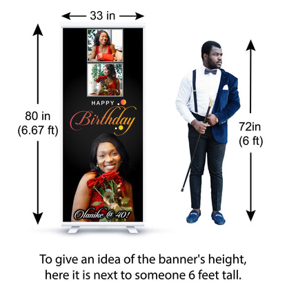 Custom Birthday Retractable Banner, Elegant Photo Welcome Sign, Party Backdrop (33"x80")