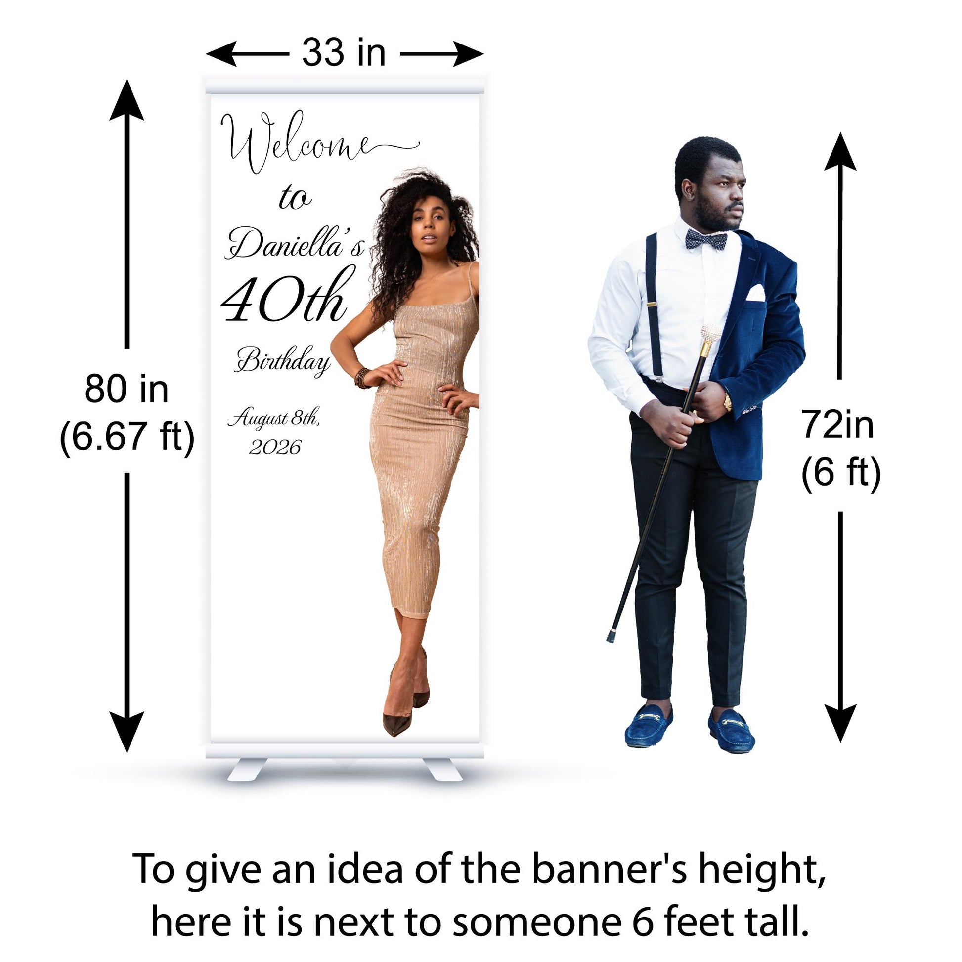Custom Birthday Retractable Banner, Elegant Photo Welcome Sign, Party Backdrop (33"x80")