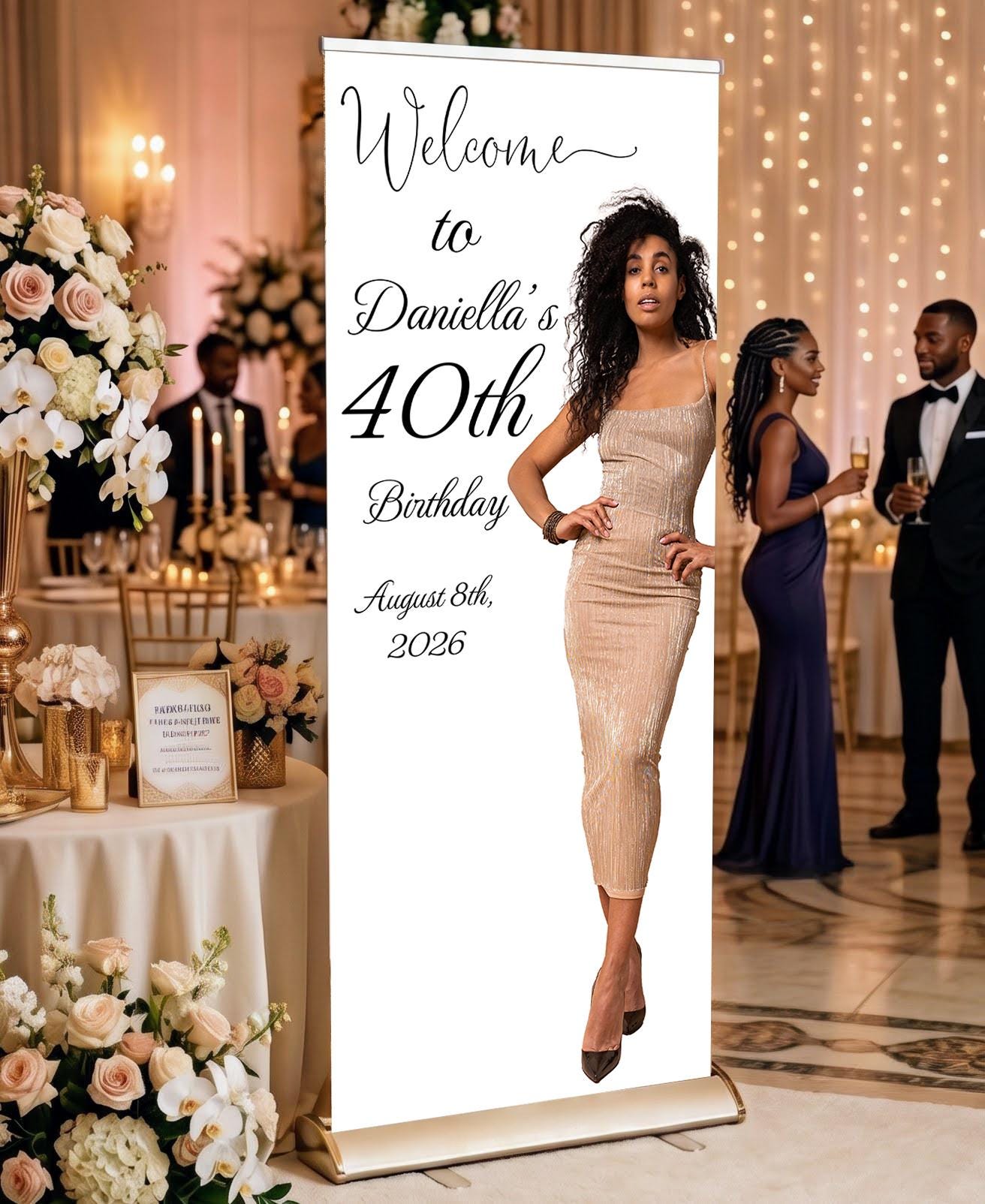 Custom Birthday Retractable Banner, Elegant Photo Welcome Sign, Party Backdrop (33"x80")