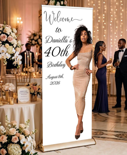Custom Birthday Retractable Banner, Elegant Photo Welcome Sign, Party Backdrop (33"x80")