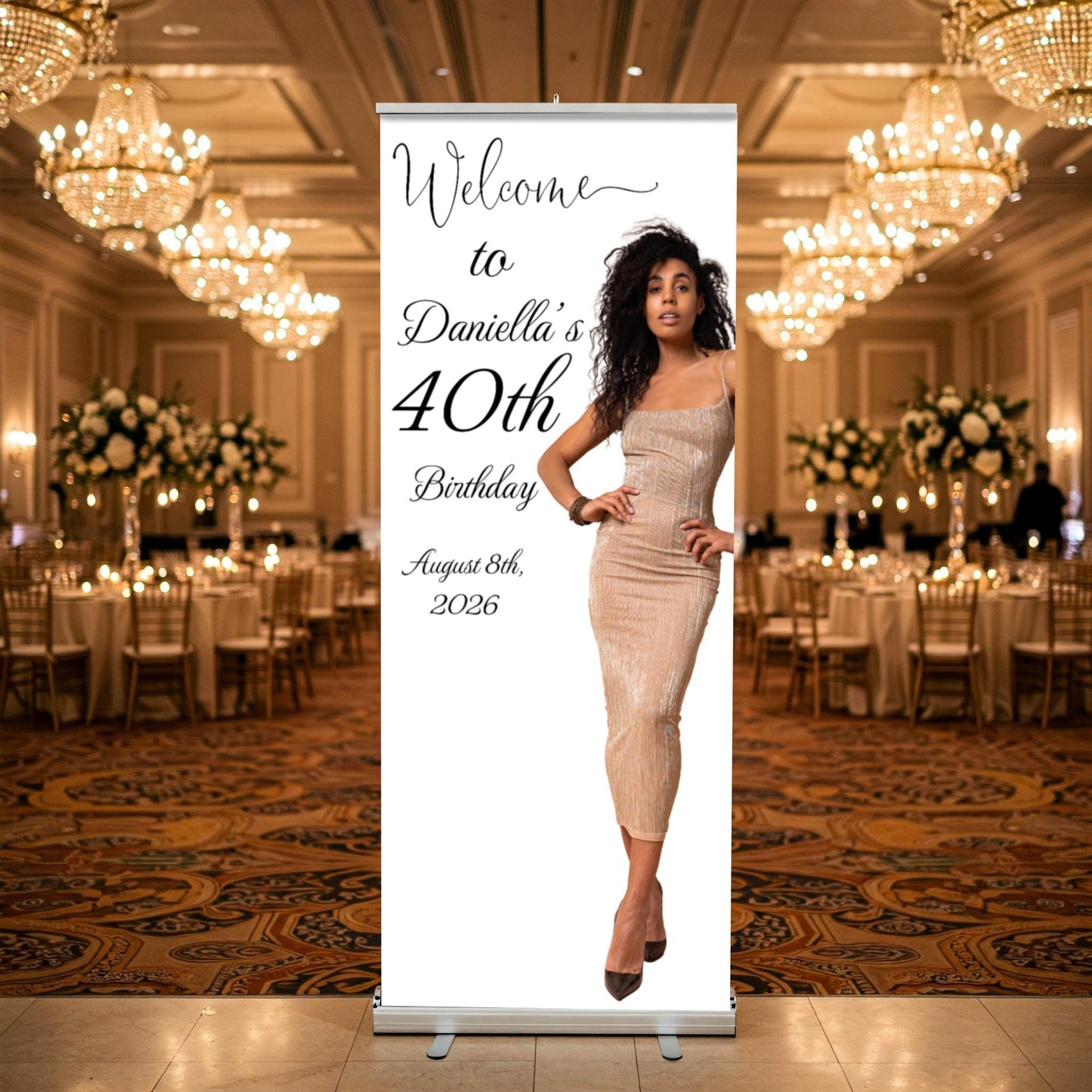 Custom Birthday Retractable Banner, Elegant Photo Welcome Sign, Party Backdrop (33"x80")