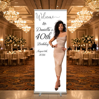 Custom Birthday Retractable Banner, Elegant Photo Welcome Sign, Party Backdrop (33"x80")