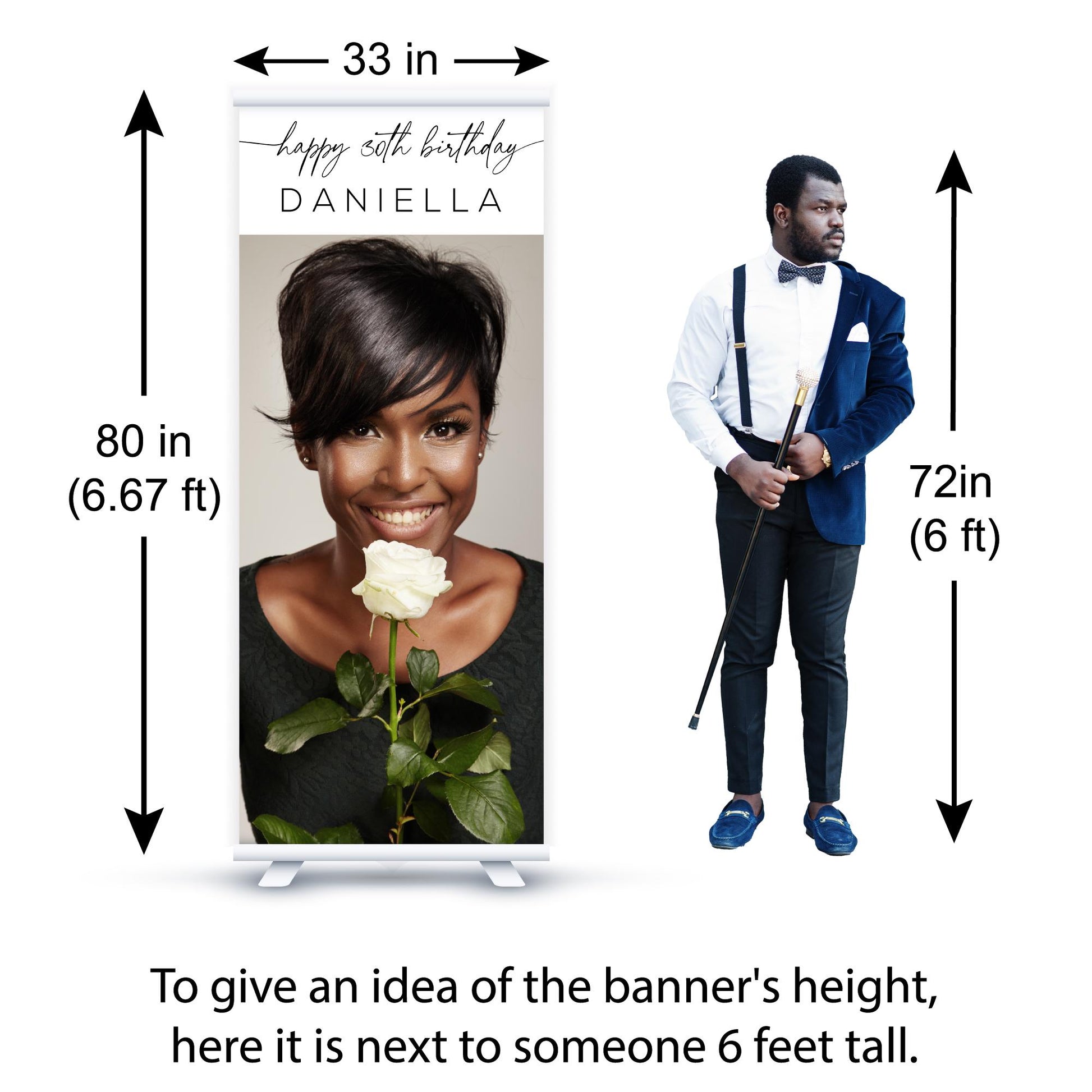 Custom Birthday Retractable Banner, Elegant Photo Welcome Sign, Party Backdrop (33"x80")