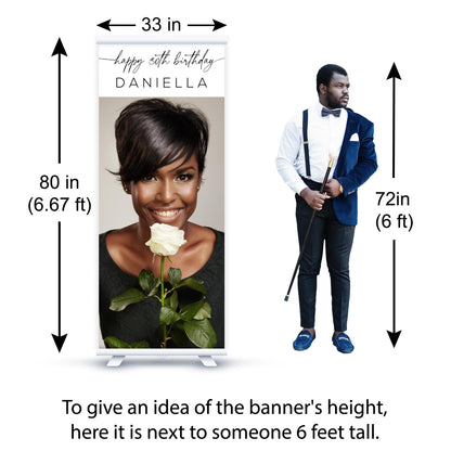 Custom Birthday Retractable Banner, Elegant Photo Welcome Sign, Party Backdrop (33"x80")