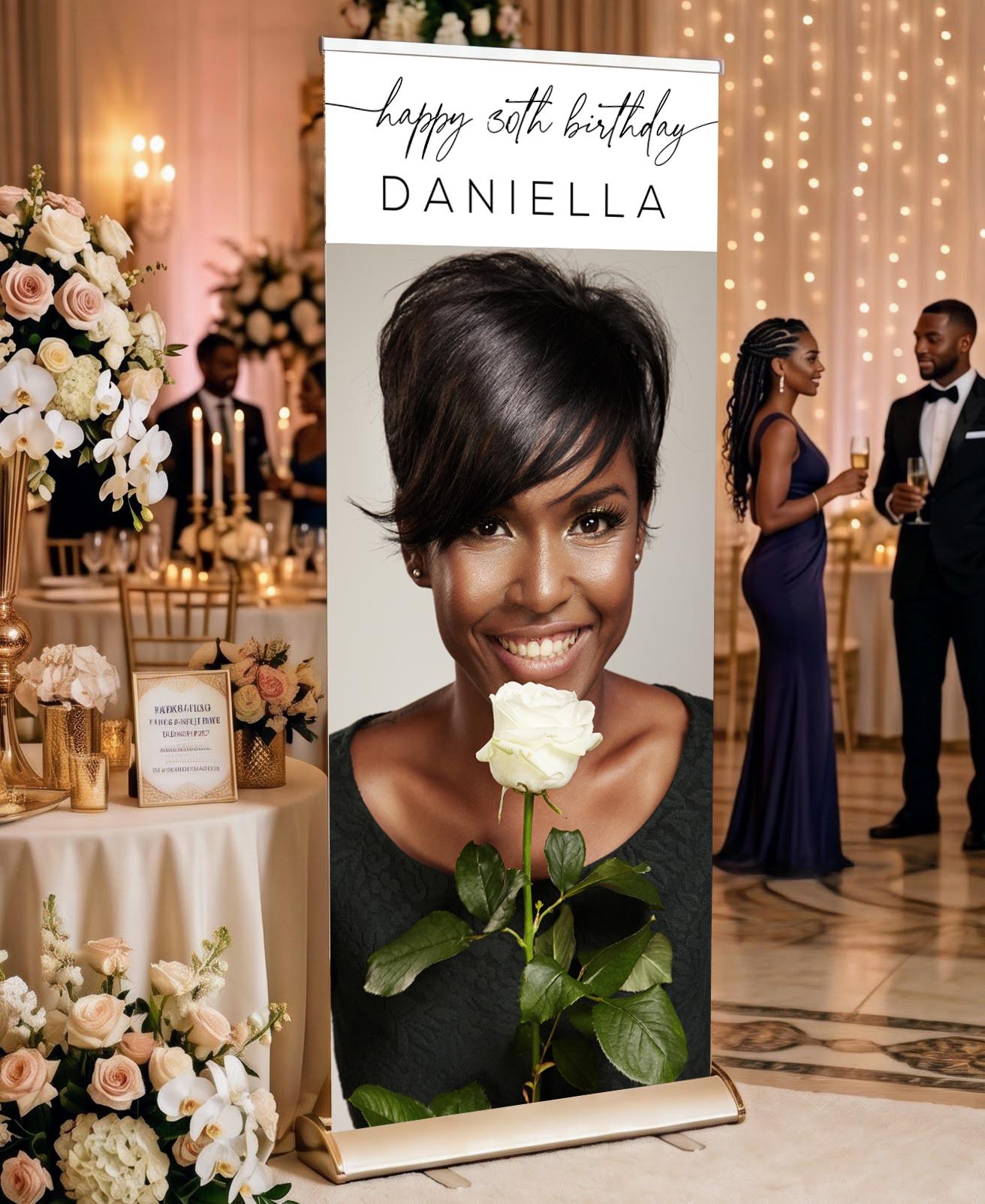 Custom Birthday Retractable Banner, Elegant Photo Welcome Sign, Party Backdrop (33"x80")