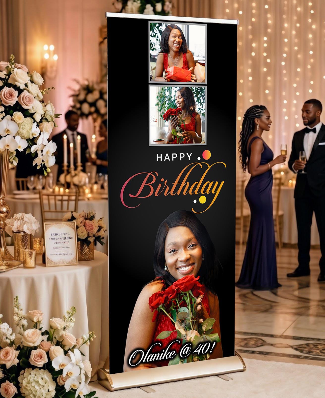 Custom Birthday Retractable Banner, Elegant Photo Welcome Sign, Party Backdrop (33"x80")