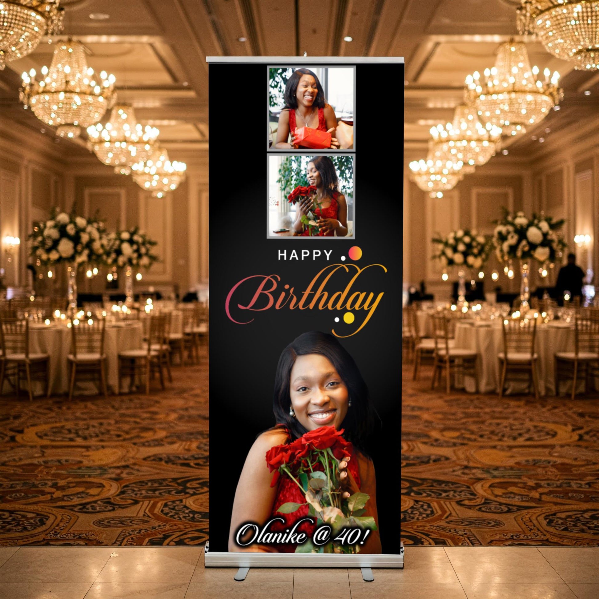 Custom Birthday Retractable Banner, Elegant Photo Welcome Sign, Party Backdrop (33"x80")