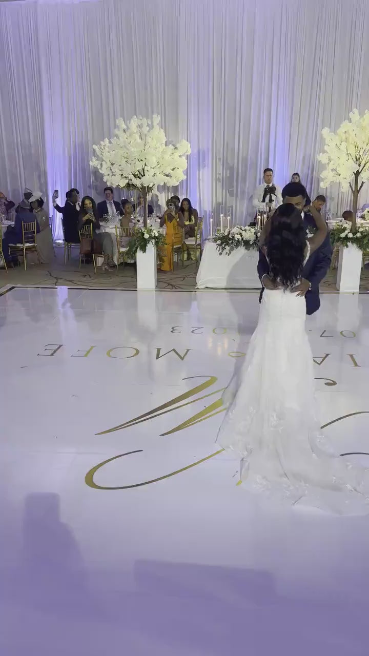 Custom  Wedding Decal Dance Floor Wrap Gloss Removable Vinyl. Monogram Print and Vinyl to cover the entire dancefloor. Wedding logo design