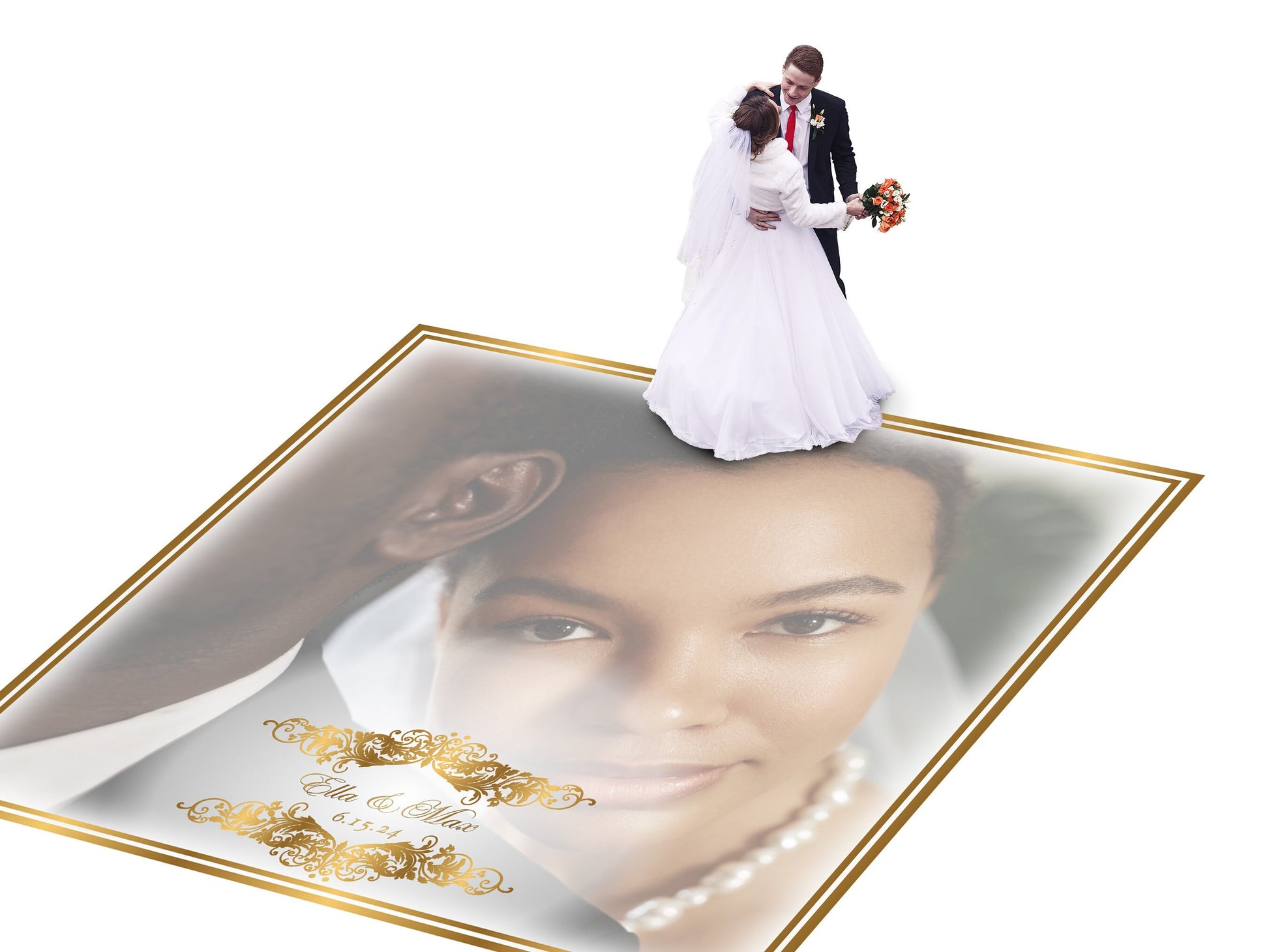 Super Unique Custom Wedding Photo Portrait Dance Floor Wrap Design. Removable Vinyl. Floor Wrap Print to cover the dancefloor. Wedding logo